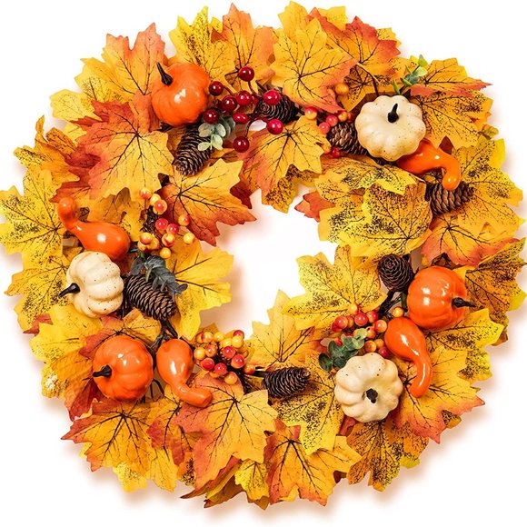 Fall Wreath for Front Door Maple Leaves Pumpkin